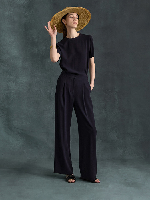 スラックス HUECLOSET SSummer Banding Wide Slacks Back Banding Wide Pants - Navy | ファッション通販サイト NUGU