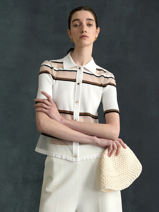 See-through Half Sleeved Knit Shirts - White | ファッション