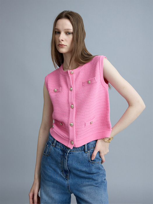 新品未使用♡pois ポワ Tweed vest ピンク♡ツイード ベスト ジレ ノースリーブツイードベストジャケット | ファッション通販