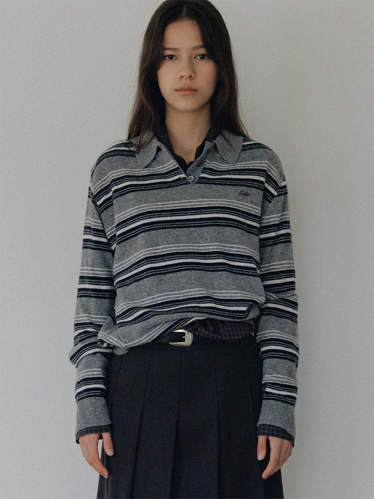 Figaro stripe polo knit (navy) | ファッション通販サイト NUGU