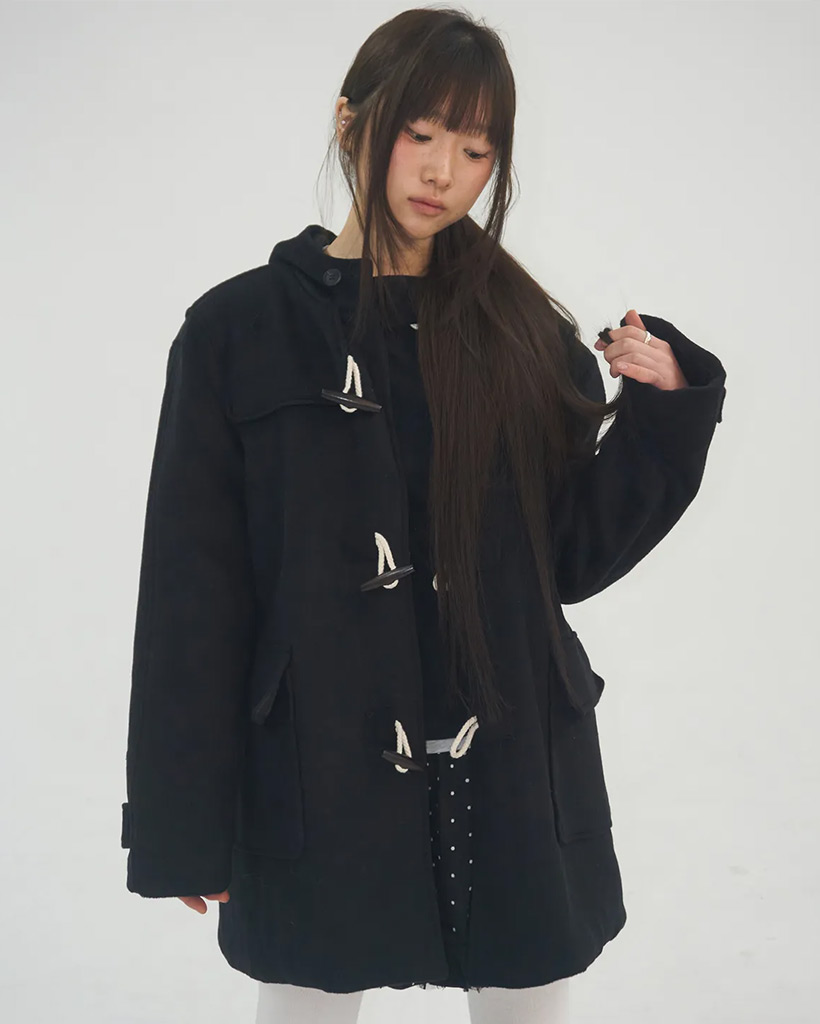 Hooded Blend Melton Balmacaan Steady Duffle Half Coat Padded Jacket [Black]