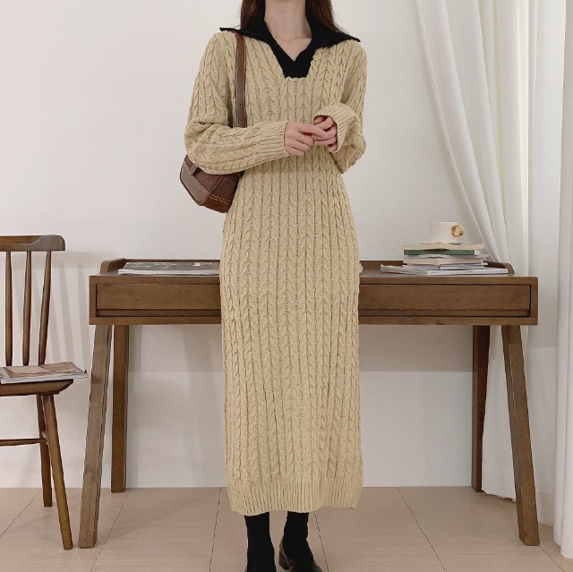 ケーブル カラーネック ニット ロングワンピース | ファッション通販