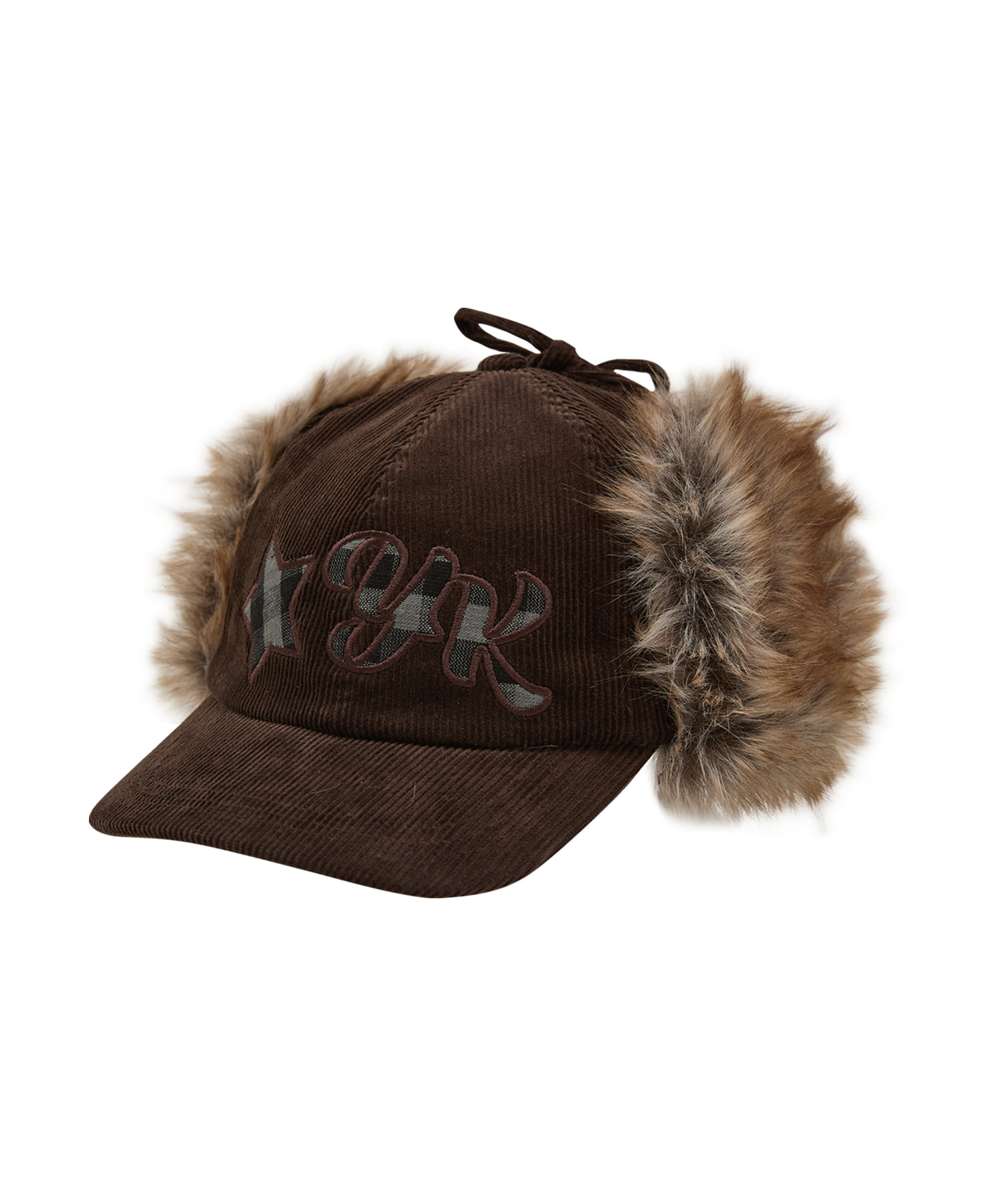 [Inflencer pick] Corduroy Check Applique Trooper Cap BROWN