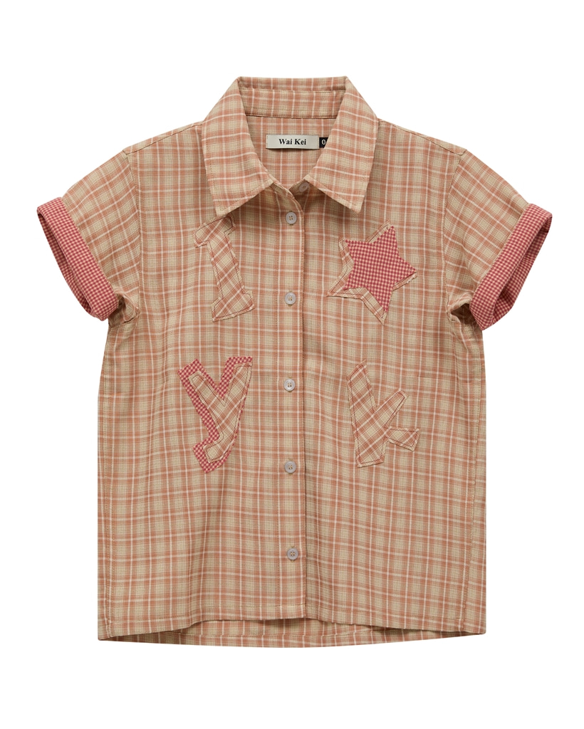 [K-POPアイドル着用] YK Star Applique Check Half Sleeve Shirt PINK BEIGE