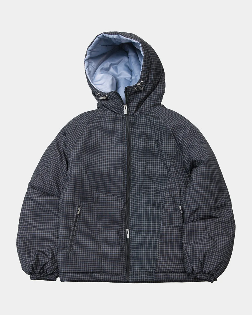 Windowpane Check Point Padded Overfit Casual Hooded Padded Jumper [Black]