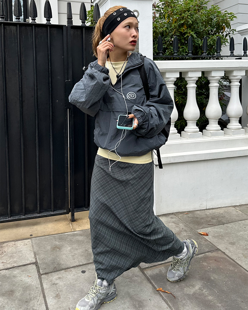 ウエストドローストリングチェックマキシスカート