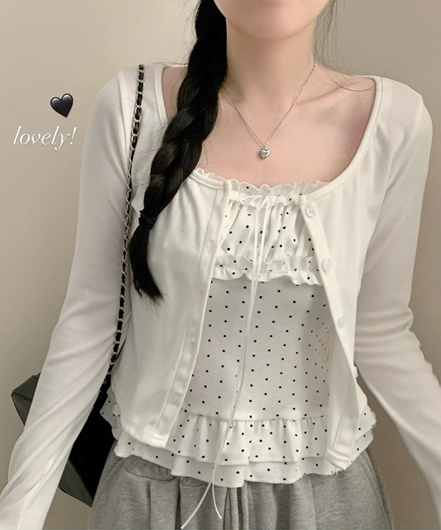 [SET](3color)ドットティアードカーディガンキャミソールセット