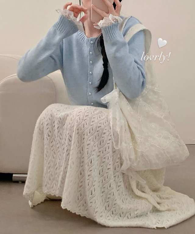 2color) パールボタンレースウエストマークカーディガン