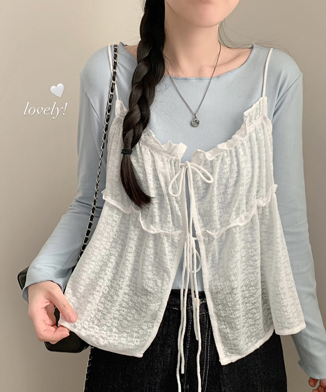 (セット)(3color)ボートネックTシャツ&レースビスチェ