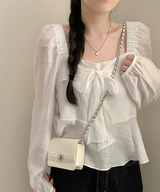 (3color) スクエアネックリボンブラウス