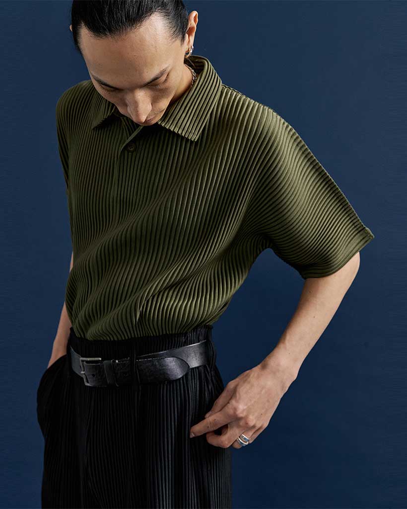 【定番】pleats please 半袖シャツ カーキ ブラウン サイズ4 PS04X Pleated Collar Short Sleeve T-Shirt [Khaki