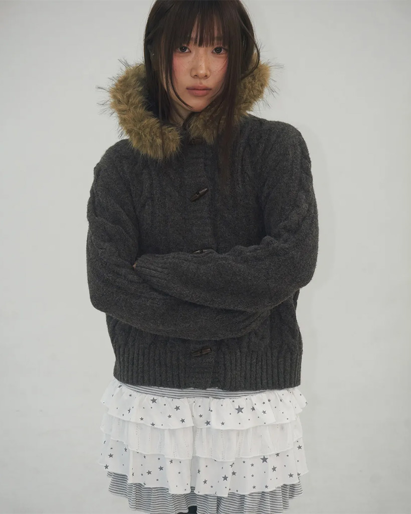 Soft Cable Knit Toggle Fur Trimmed Hooded Cardigan Jacket_2COLOR