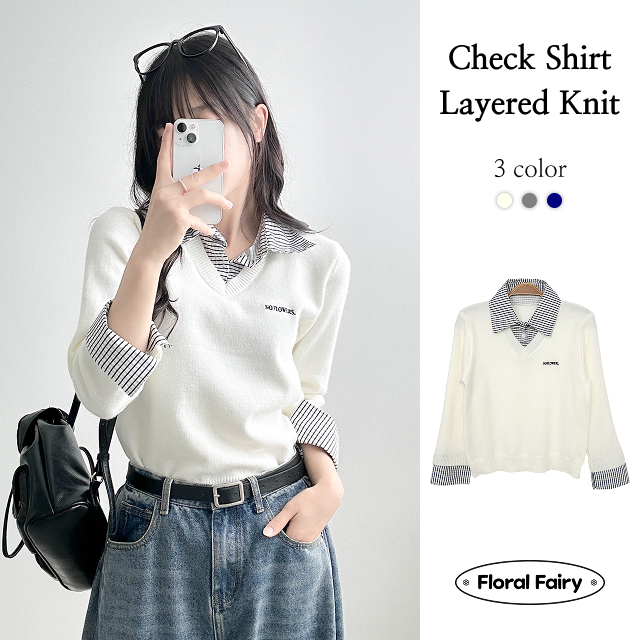 [一体型]チェックシャツレイヤードニット