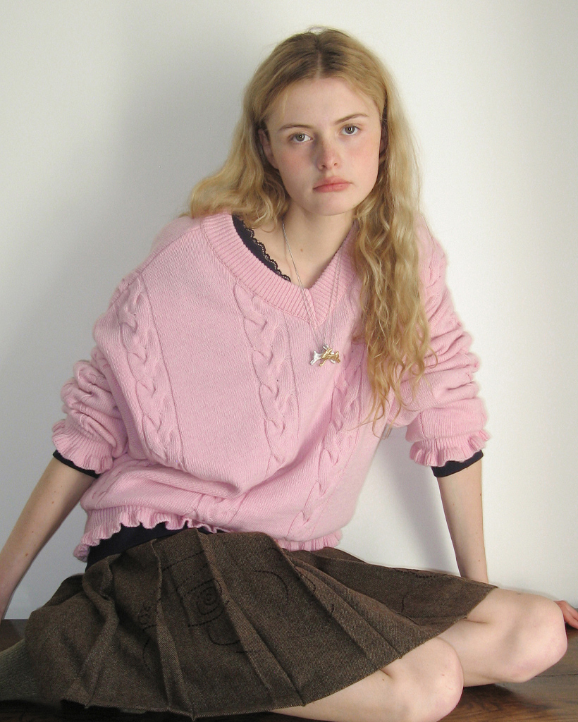SN Cable V-neck Pullover (Pink)