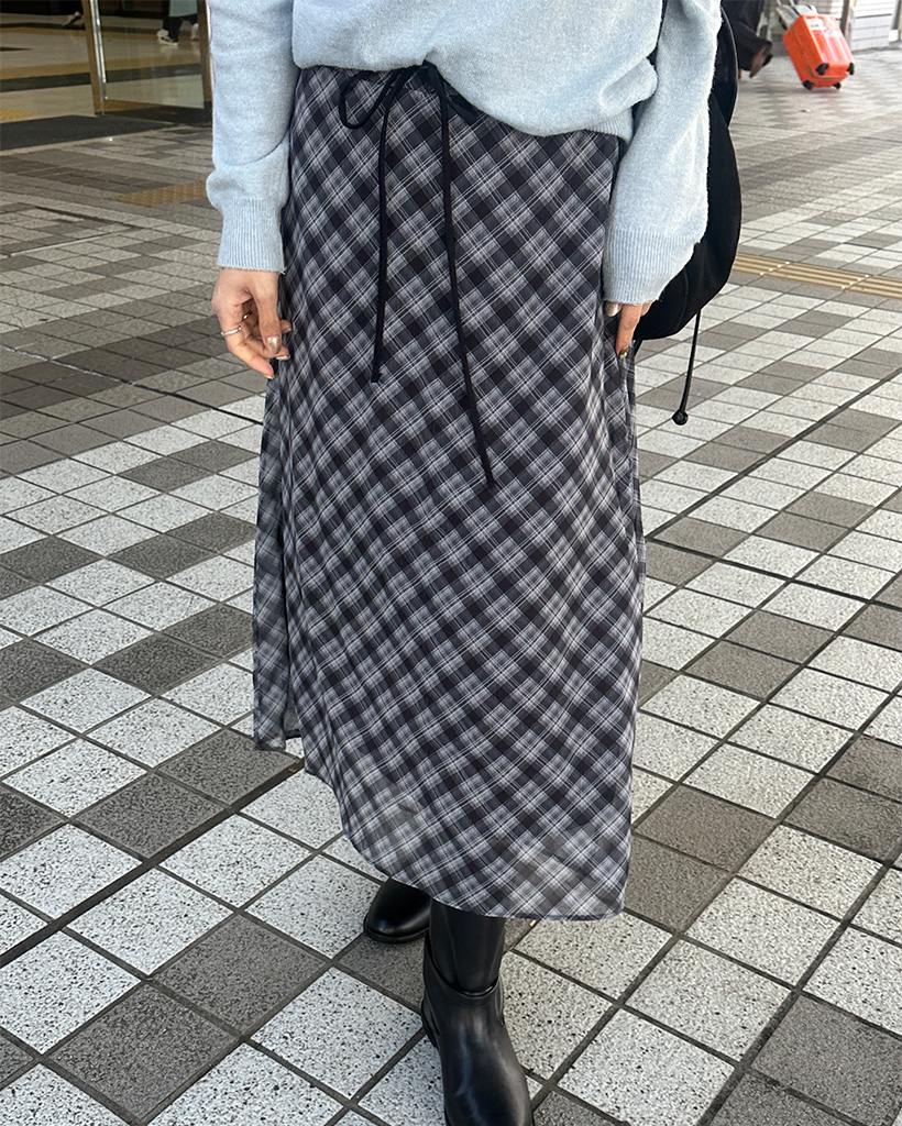 ダブルバックルレイヤードスカート　チェック　ブラウン　ロングスカート チェックティアードロングスカート | ファッション通販サイト NUGU