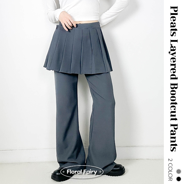 archive レイヤード フレア ブーツカット カモフラ プリーツレイヤードスカートブーツカットパンツ- | ファッション