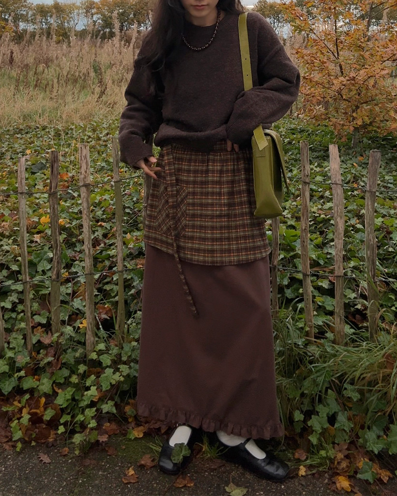 (ORIGINAL) チェックレイヤードロングスカート