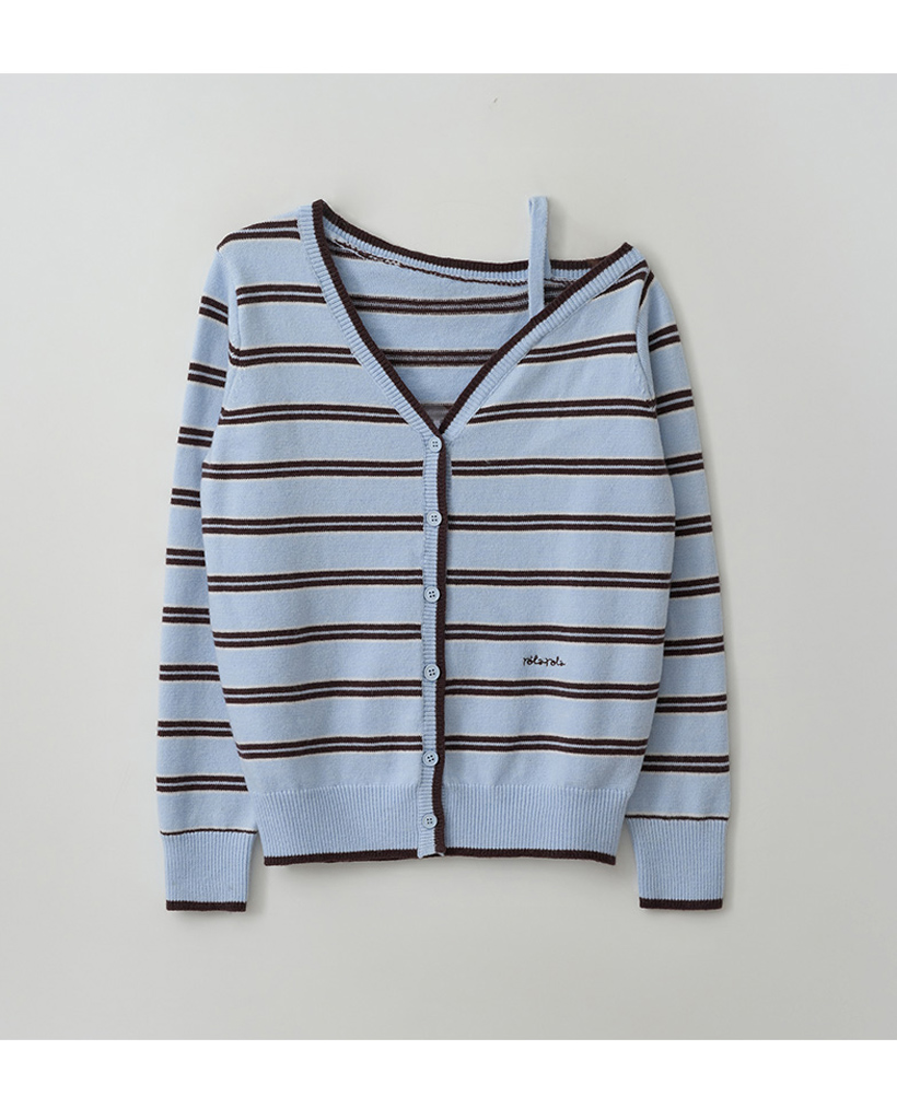 K-POPアイドル着用] ONE OFF SHOULDER STRIPE WOOL BLENDED CARDIGAN