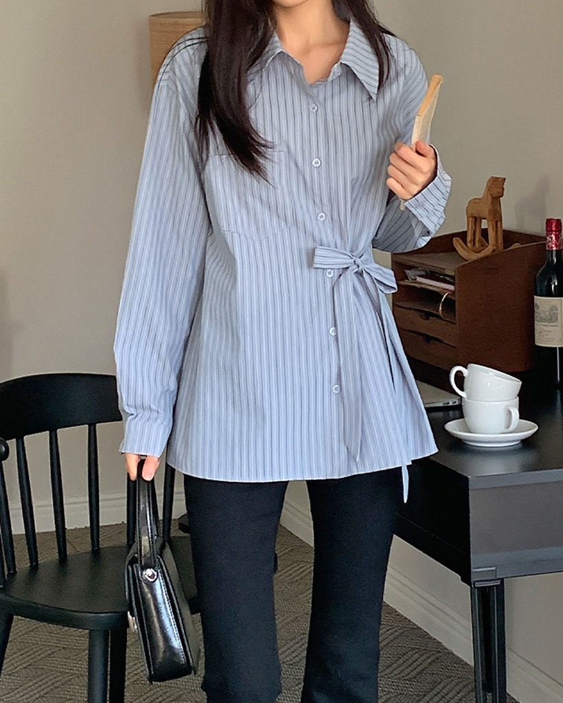 オケージョン】[半袖/長袖] ストライプリボンストラップシャツ