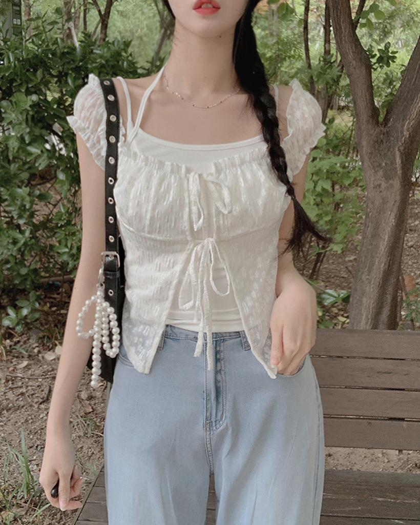 [SET]ホルターキャミソールセットレースフラワー柄半袖ブラウス