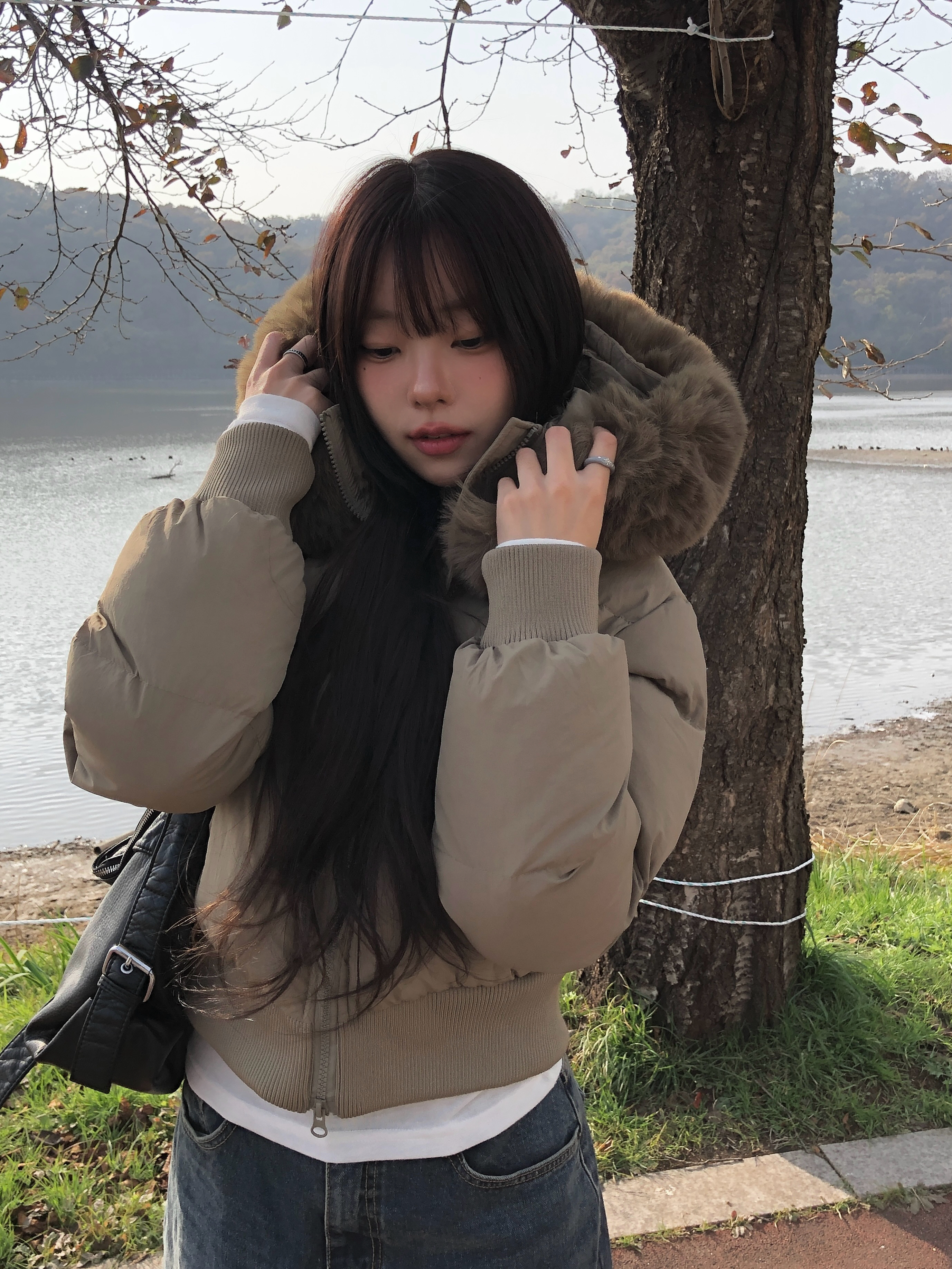 フェイクファーフードスリムショートダウンジャケット