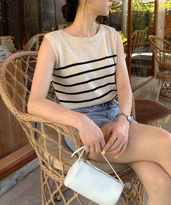 【HILLDA】★フリック ストライプ スリーブレス トップ★ SLY | RIBBON ARM FRILL トップス (その他トップス ) |SHEL'TTER