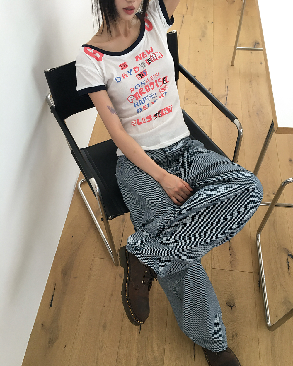 balanceweardesign 立体裁断ストライプデニムパンツ セール】3D立体裁断バレルレッグジーンズ/デニムパンツ（デニム