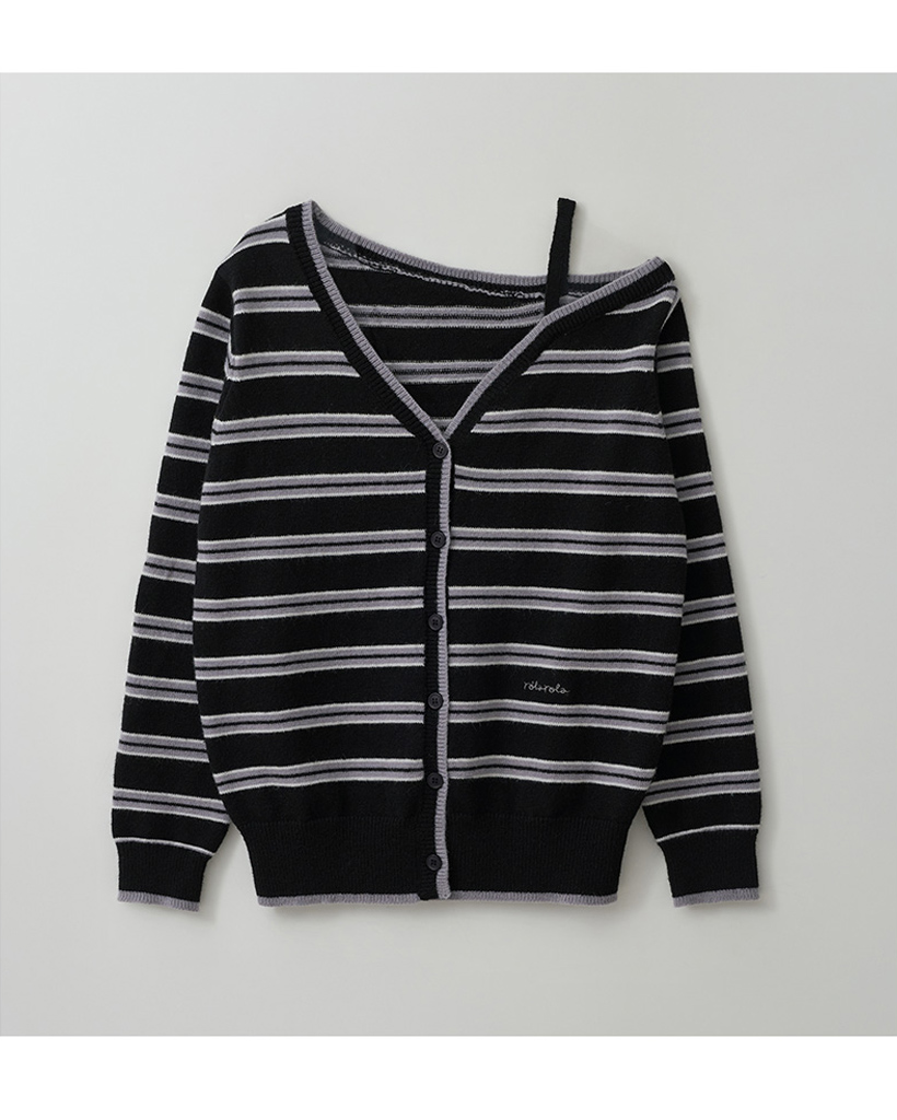 ONE OFF SHOULDER STRIPE WOOL BLENDED CARDIGAN BLACK | ファッション