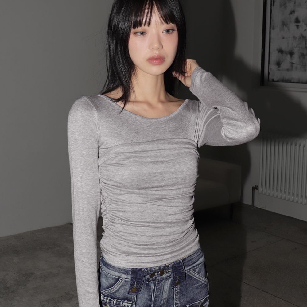 set]シャーリングトップレイヤードボートネックTシャツセット