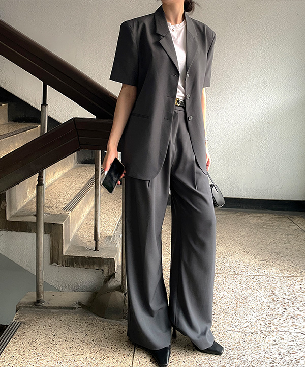 夏/セットアップ]オーバーサイズ半袖ジャケット+タック入り