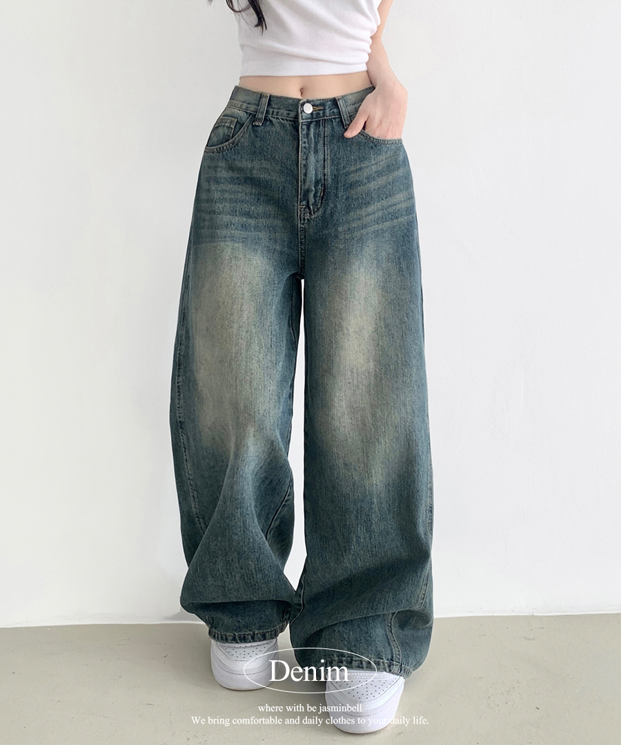 ヴィンテージウォッシュサイドスリットハイウエストデニムパンツ