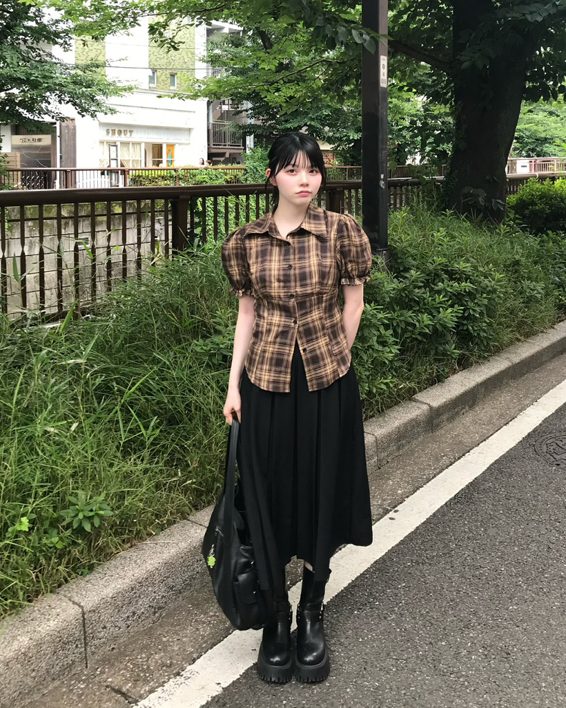 GIUNON パフスリーブチェックシャツ uricca シャツ トップス レディース 長袖 春 チェック 柄 赤