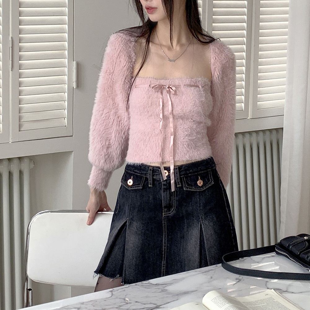 [2SET]リボンアンゴラチューブトップボレロカーディガンセット