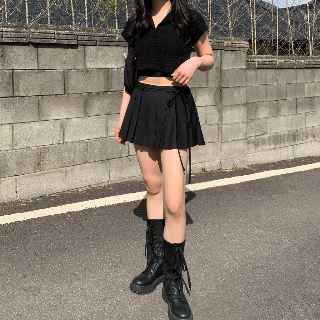 リボン付きブラックニットとプリーツスカート インパン裏地付ボックスプリーツミニスカート[gm665