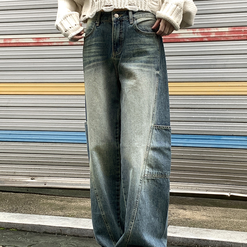 斜めストライプスリットポケットワイドデニムパンツ