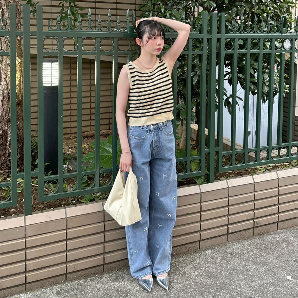 ニット セーター フェイクカーディガン付き ノースリーブボーダーニット レディース Sibra ニット セーター ノースリーブボーダーニットタンクトップ