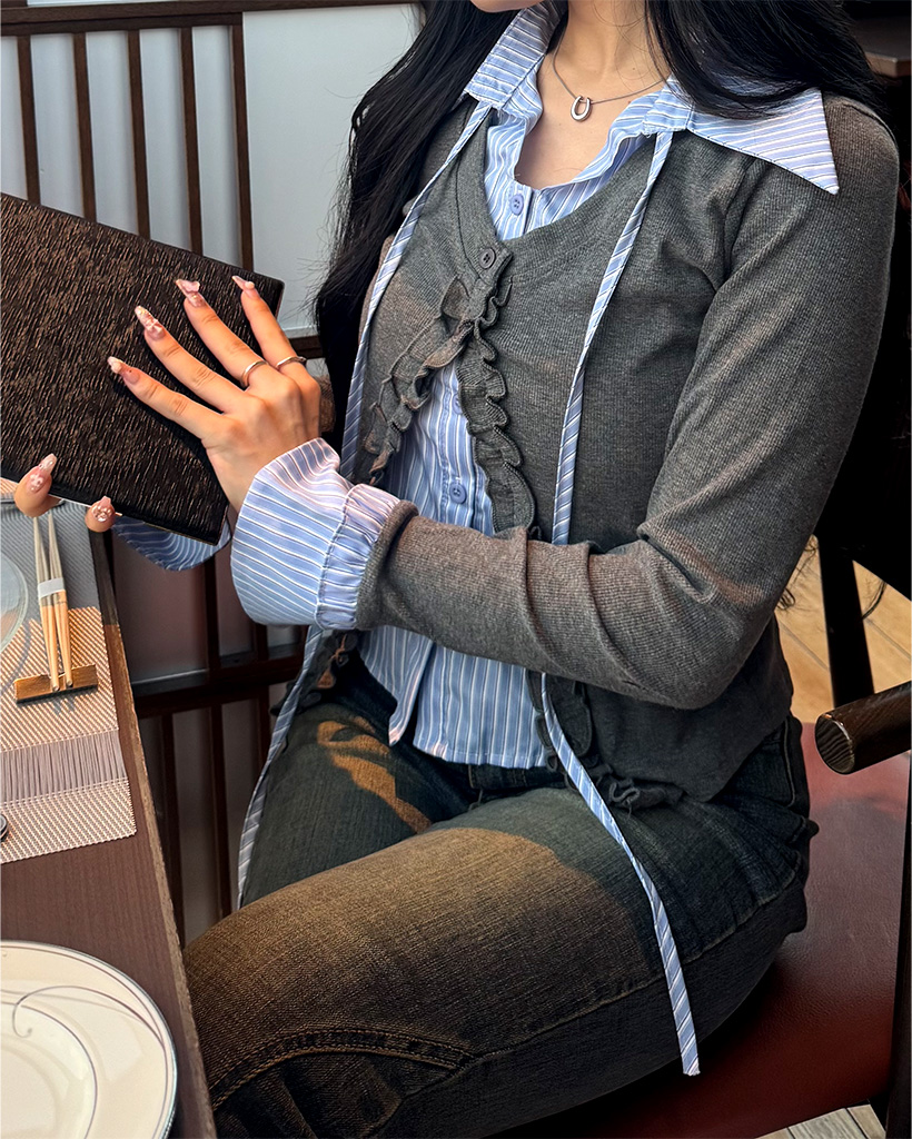 ストライプシャツカーディガンセット | ファッション通販サイト NUGU