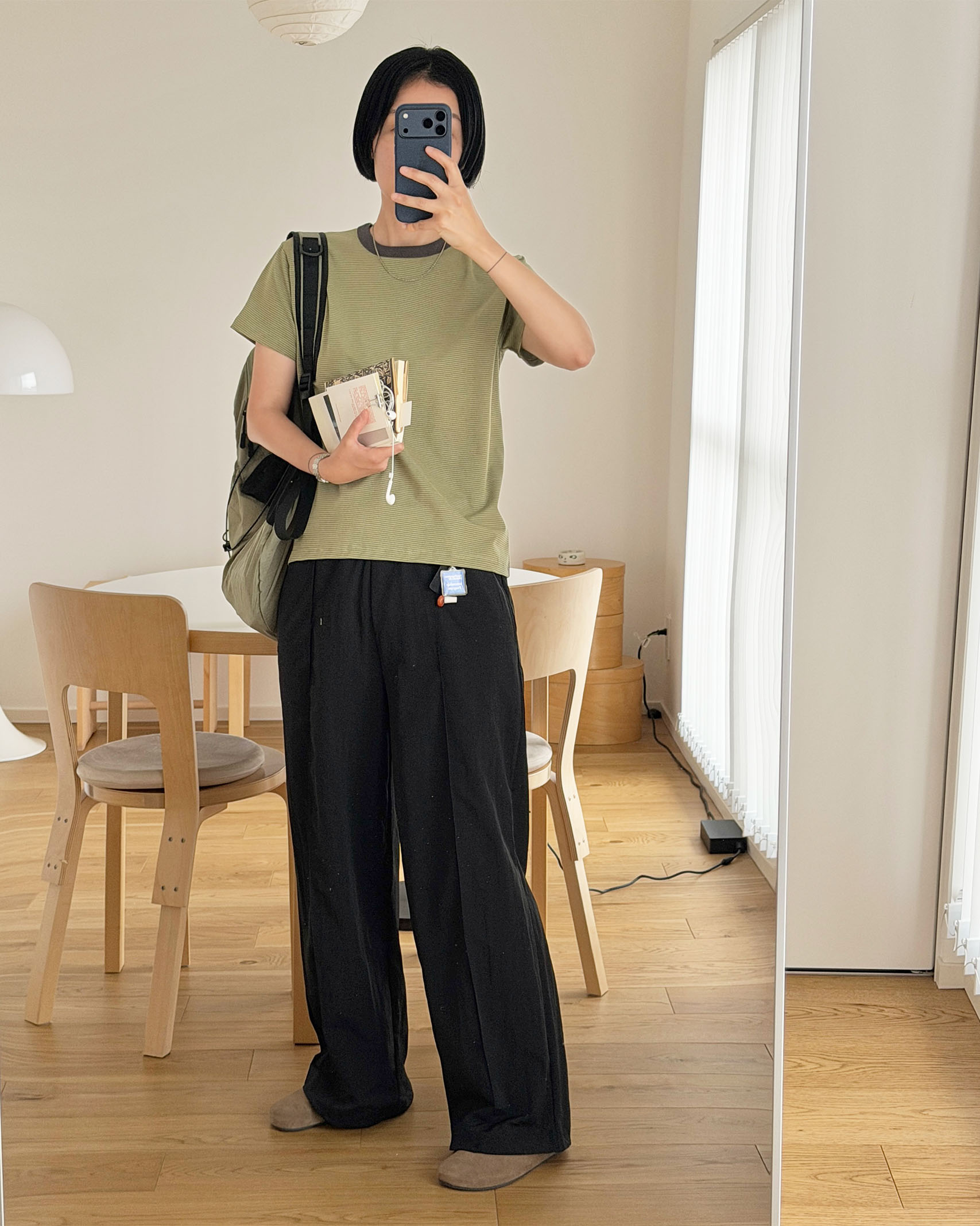 (ORIGINAL) ナイロンピンタックワイドパンツ (black)