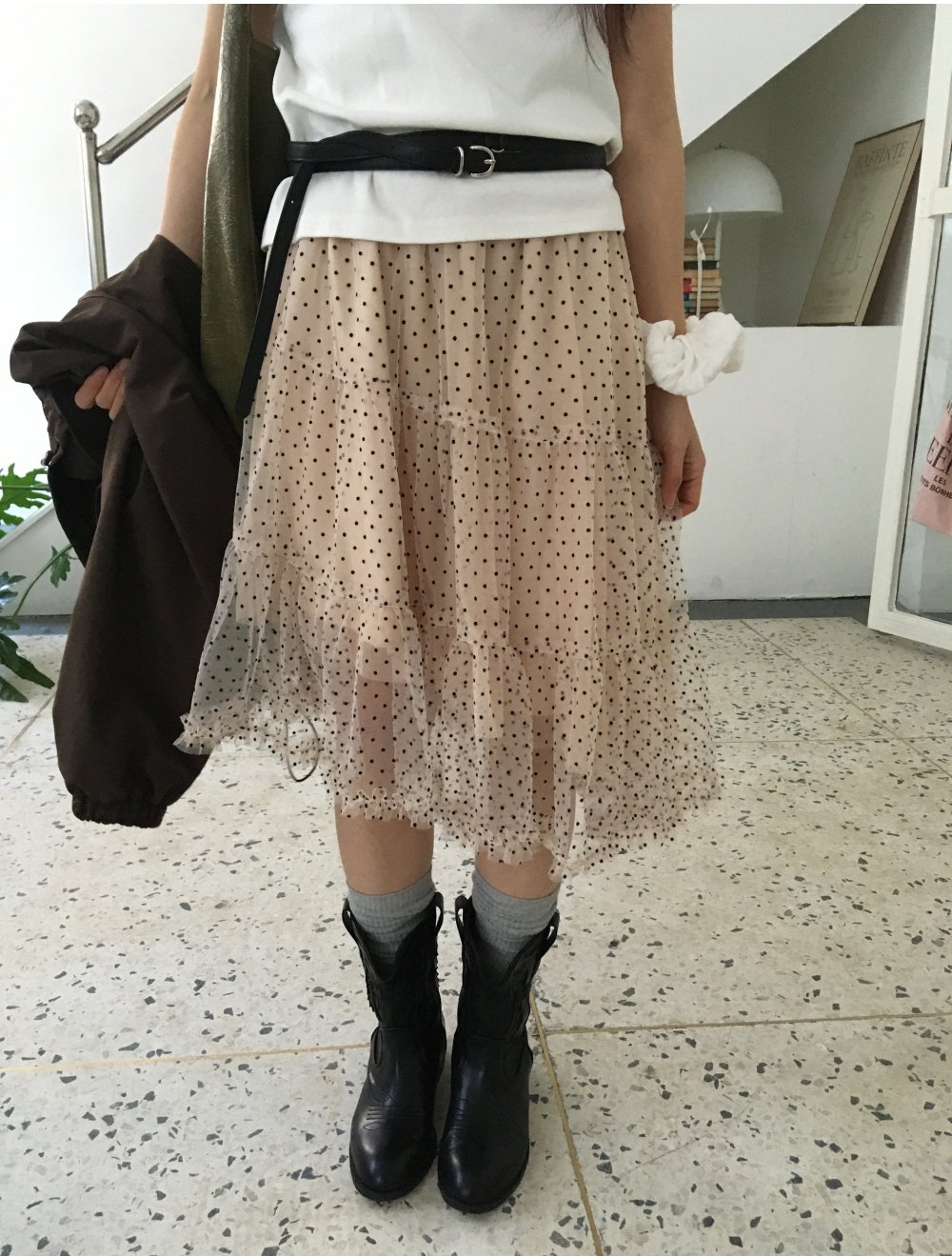 (5color) ドット レース ティアード ミドル スカート