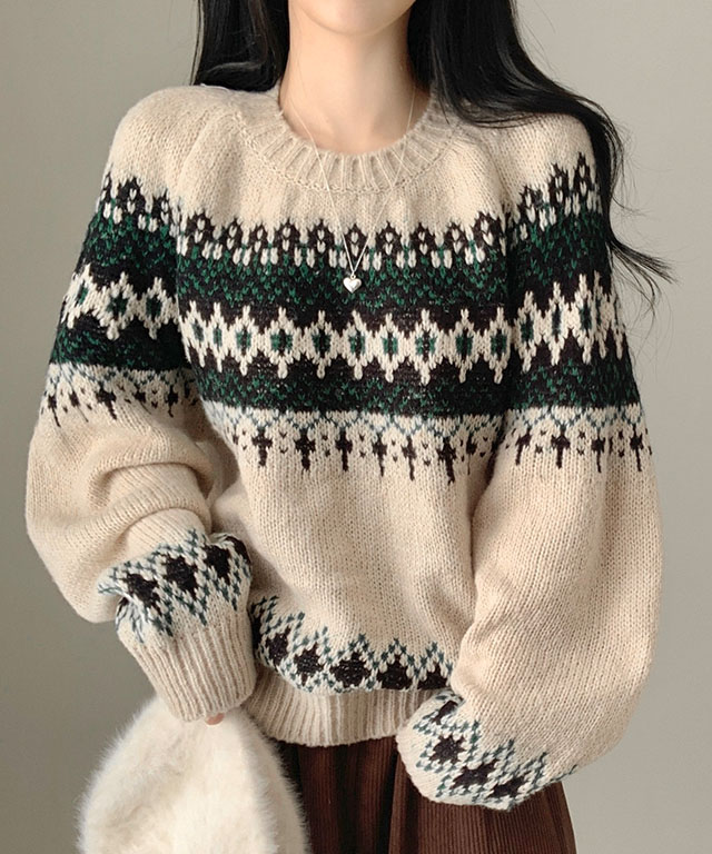 ヴィンテージアクリルジャガードノルディック柄長袖ニット
