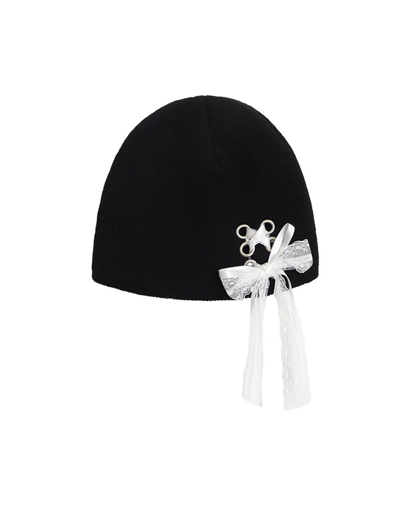 RIBBON EYELET KNIT BEANIE_BLACK