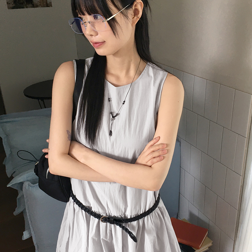 裏地付き] シャーリングバルーンノースリーブミニワンピース