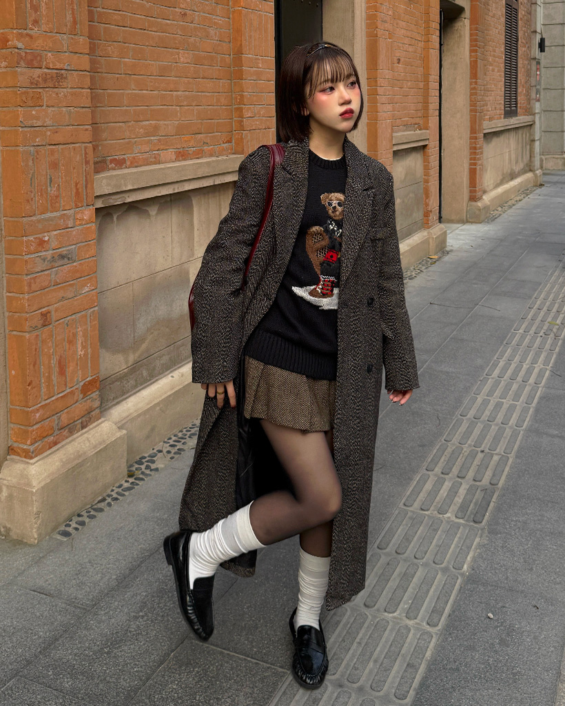 ヘリンボーンウールロングコート