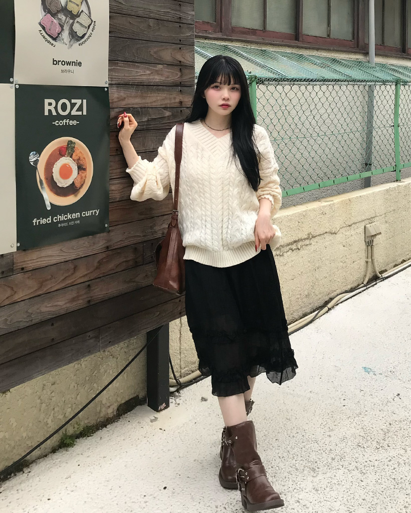 Vネックケーブルバルーンスリーブロングニット | ファッション