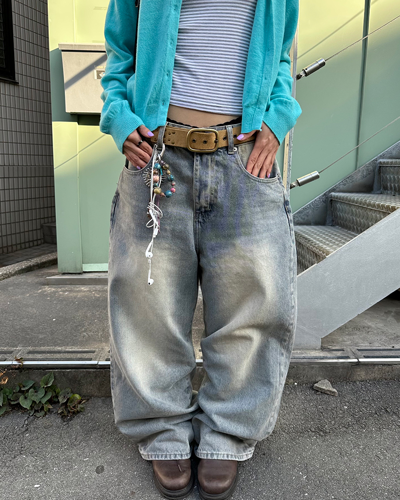 （ユニセックス）ビンテージウォッシュワイドストレートジーンズ