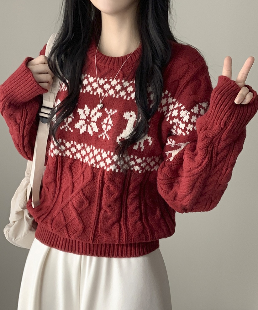ラウンドノルディック柄ツイストケーブルオーバーサイズニット