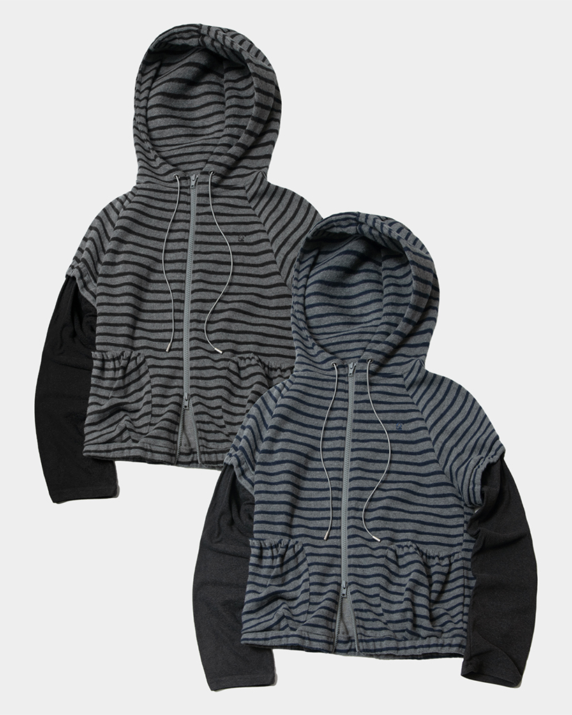 Layered Single-breasted Shirring Pocket Sleeveless T-shirt with Two-Color Hooded Zip-Up_2COLOR