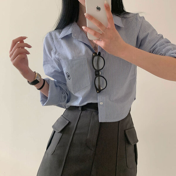 グレー ストライプ 半袖シャツ クロップド 2color] イニシャルストライプクロップドシャツ | ファッション