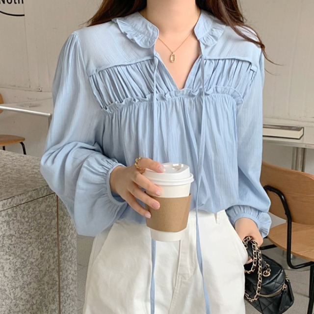 スリットネックストラップシャーリングブラウス | ファッション通販