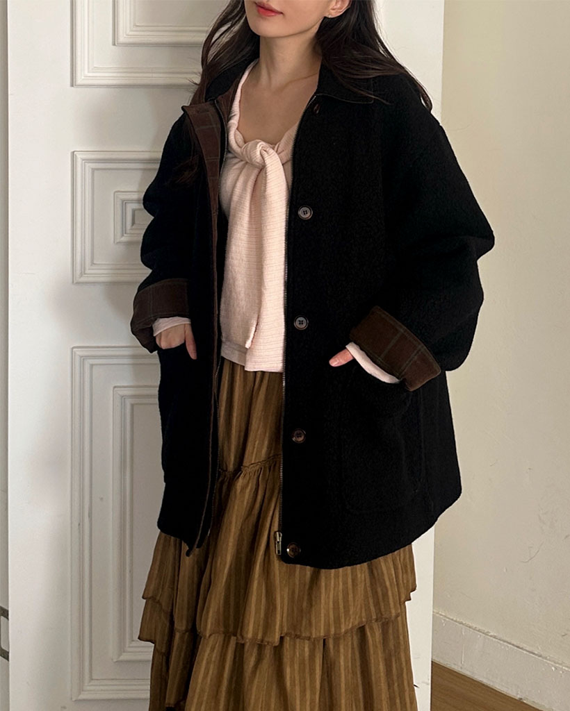 Wool blend roll-up check half Coat [KNFW05CT03]_[2color]